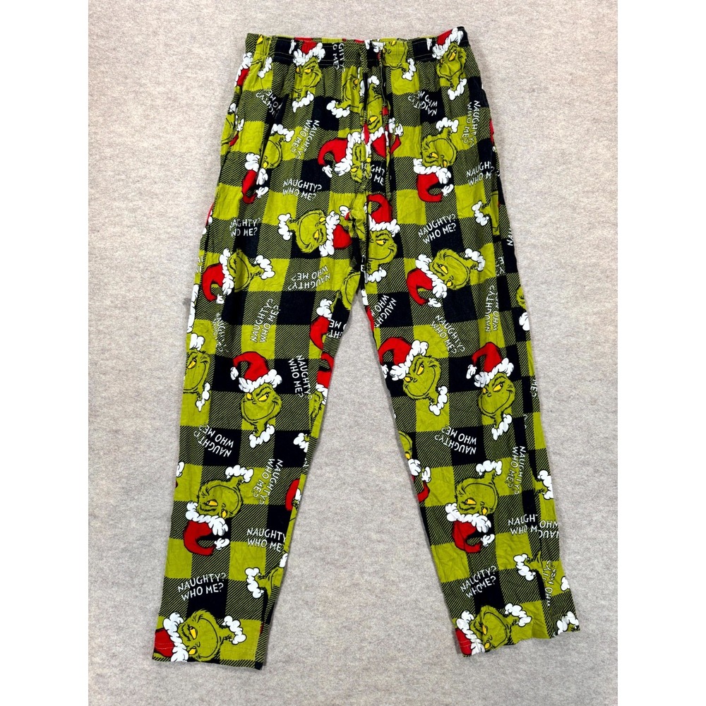 Dr Seuss Lounge Pants Mens XL Multi Cotton Plaid Grinch Santa Hat Naughty Who Me